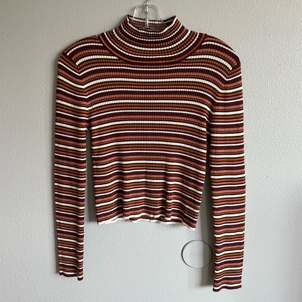 Women’s Pink Republic Large Cropped Striped Mock Neck Sweater